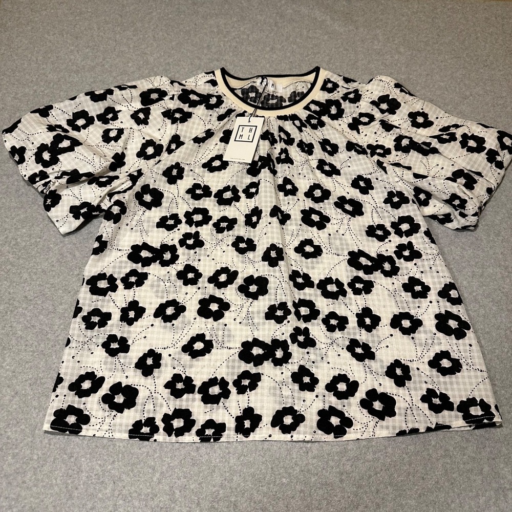 THML Ivory Black Floral Top Puff Sleeves Women's L NWT